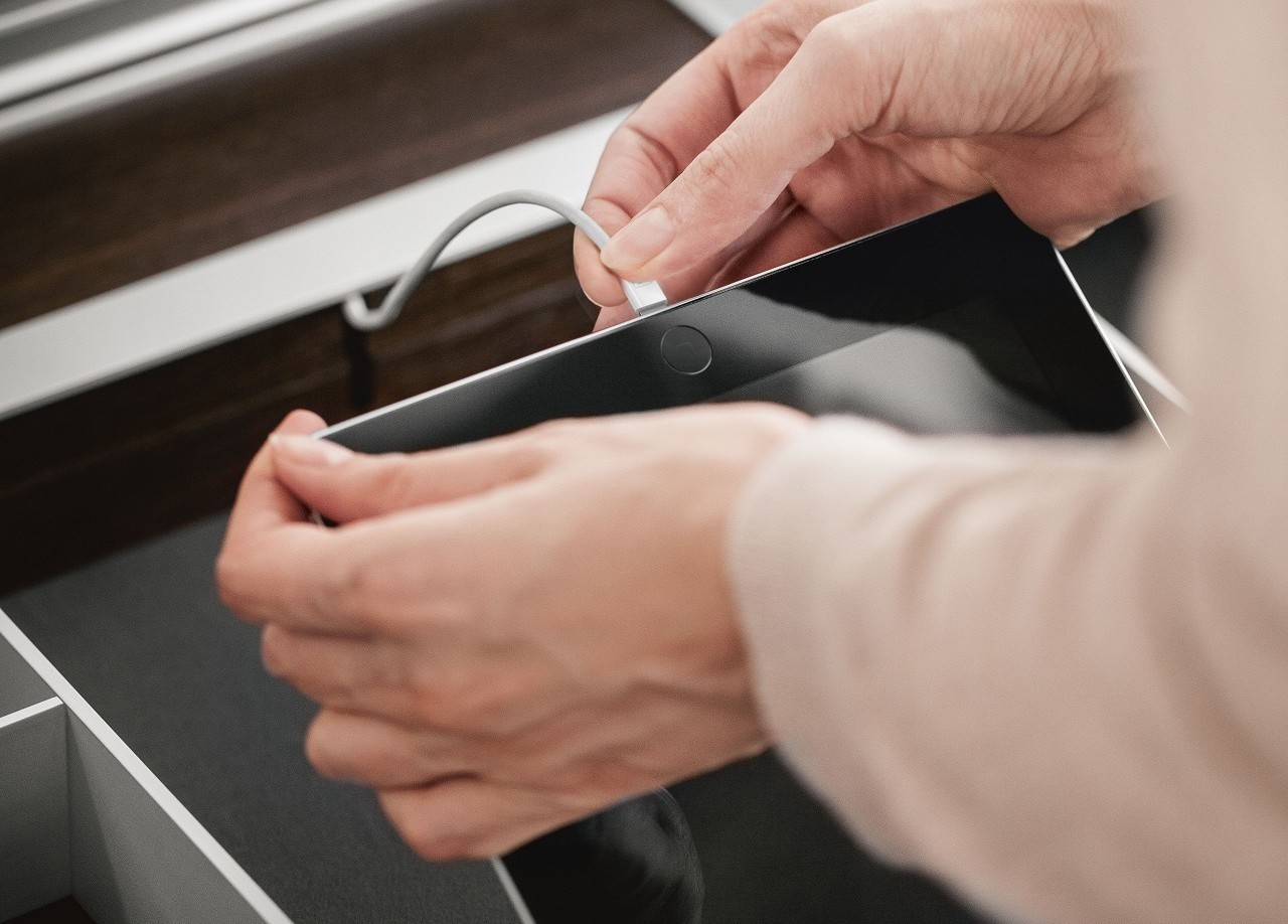 USB charging station from the SieMatic Aluminum Interior Accessories, for loading up iPads and iPhones inside kitchen drawers